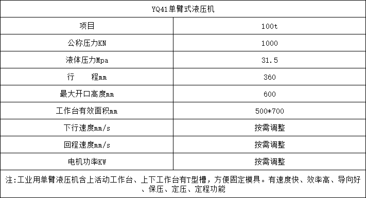100噸單臂液壓機參數 100噸單臂液壓機參數
